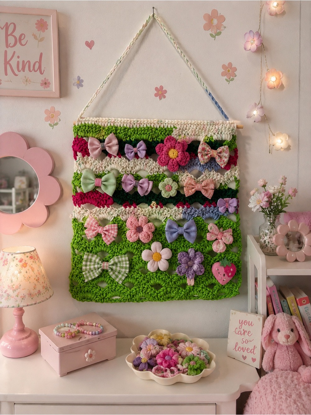 Handmade Crochet Hair Bow & Accessory Organizer Girls Room Wall Hanging